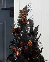 Glitzhome 36" Halloween Lighted Black Rose with Orange Glitter Urn Porch Tree with Timer