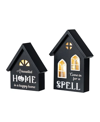 Glitzhome Lighted Halloween Wooden House-shaped Table Decor, Set of 2