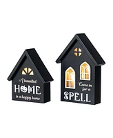 Glitzhome Lighted Halloween Wooden House-shaped Table Decor, Set of 2