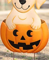 Glitzhome 32" Halloween Metal Labrador In Pumpkin Yard Stake