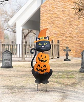 Glitzhome 36" Halloween Metal Black Cat with Spring Head and Stacked Pumpkin Yard Stake