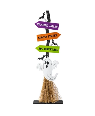 Glitzhome 41.75" Lighted Wooden Ghost's Broom Porch Decor