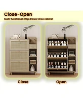 Natural Bohemia Style Shoe Cabinet, Shoe Rack Cabinet with 3 Rattan Flip Drawers,3 Square Shelves and 1 Storage Drawer, Shoe Organizer with Mulit Stor
