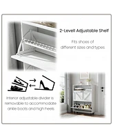 Farmhouse Shoe Storage Cabinet with Barn Door Design, Shoe Organizer with 2 Flip Drawers, Freestanding Narrow Shoe Rack Cabinet with Open Storage for