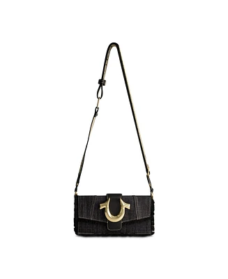 True Religion Frayed Denim Flap Bag with Logo Strap