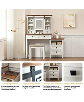 46.5'' Farmhouse Makeup Vanity Desk with Adjustible Led Lighted Mirror and Charging Station for Bedroom, Rustic Dressing Vanity Table with Side Cabine
