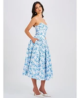 Miss Circle Women's Paloma Blue Print Linen Corset Draping Top Midi Dress