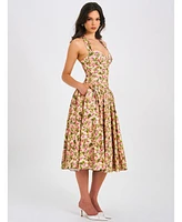 Miss Circle Women Niya Floral Print Linen Halter Corset Maxi Dress