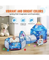 3 in 1 Kids Play Tent with Tunnel Indoor Outdoor Pop Up Playhouse Rocket Theme