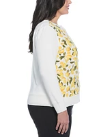 Rafaella Plus Lemon Print Woven Front Long Sleeve Cardigan Sweater