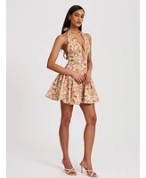 Miss Circle Women's Mackenzie Green and Pink Floral Print Halter Linen Mini Dress