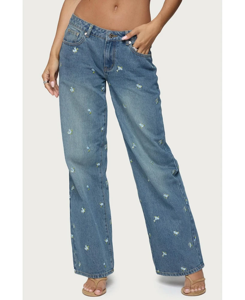 Edikted Women's Edna Floral Embroidered Low Rise Jeans