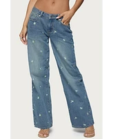 Edikted Women's Edna Floral Embroidered Low Rise Jeans
