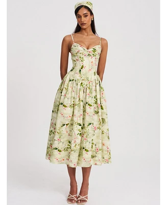 Miss Circle Women's Jacinda Green Floral Print Ruched Breast Linen Midi Dress