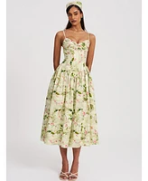Miss Circle Women's Jacinda Green Floral Print Ruched Breast Linen Midi Dress