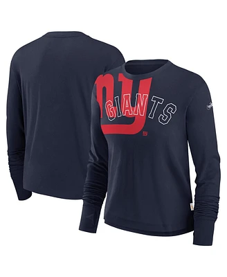 Nike Women's Navy New York Giants Layered Logo Cropped Long Sleeve Fashion T-Shirt