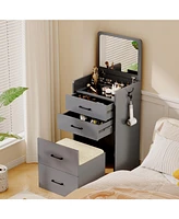 Vlsrka 3-in-1 Vanity Desk with Flip-Top Mirror, Glass Top, 3 Drawers, and Stool