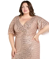 R & M Richards Plus Beaded Flutter-Sleeve Slit Gown