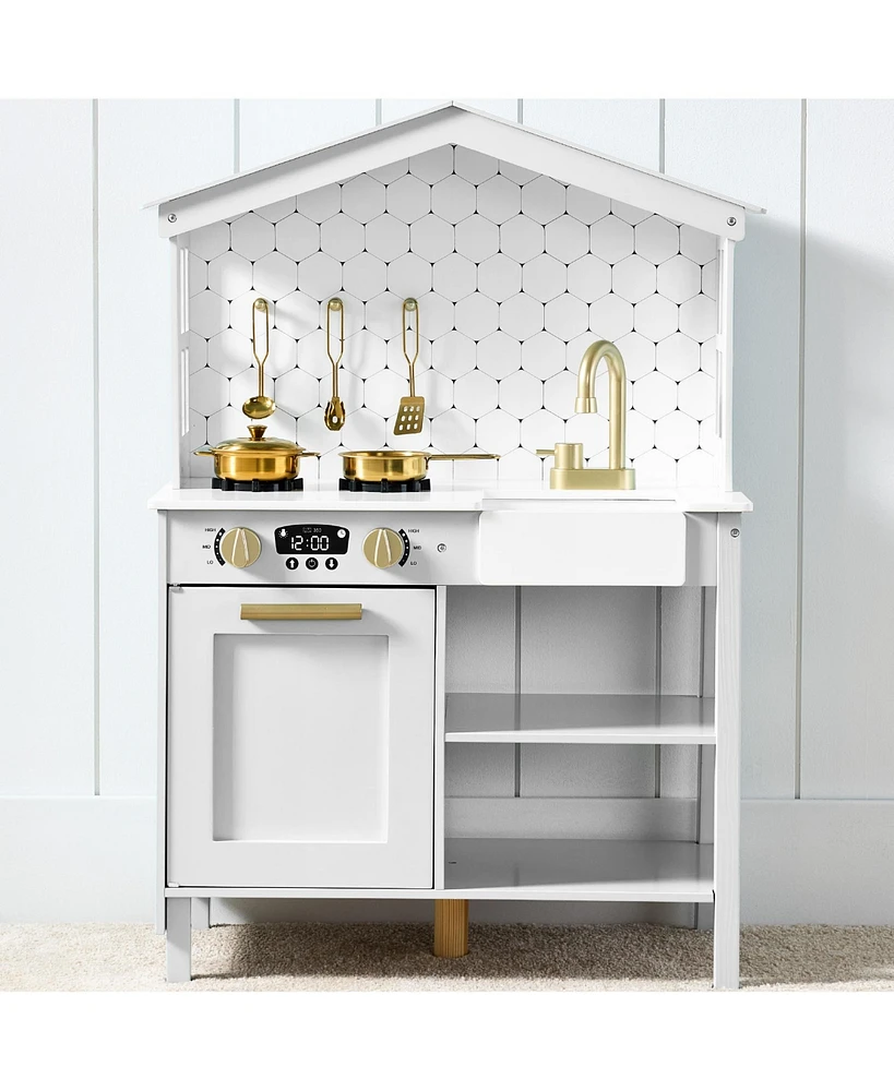 Best Choice Products Farmhouse Play Kitchen Toy for Kids w/ Chalkboard, Storage Shelves, 5 Accessories