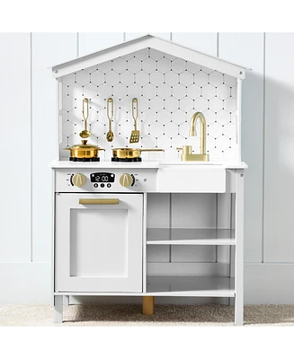Best Choice Products Farmhouse Play Kitchen Toy for Kids w/ Chalkboard, Storage Shelves, 5 Accessories