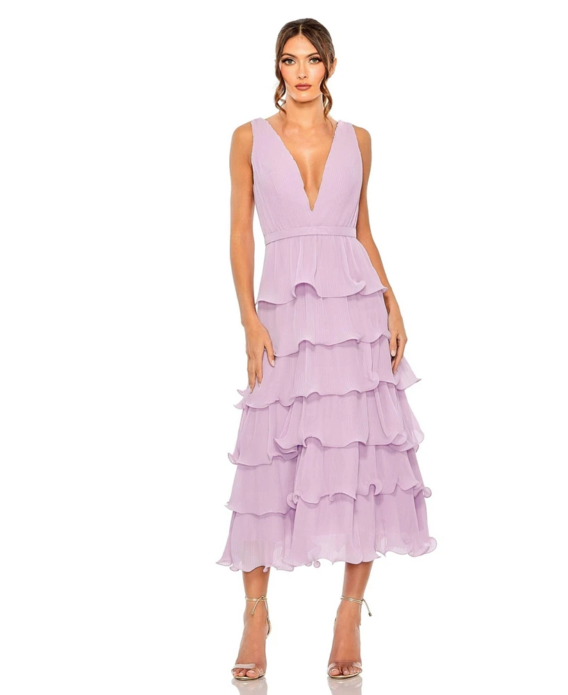 Mac Duggal Women's Deep V Chiffon Sleeveless Ruffle Midi Dress