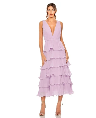Mac Duggal Women's Deep V Chiffon Sleeveless Ruffle Midi Dress