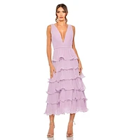 Mac Duggal Women's Deep V Chiffon Sleeveless Ruffle Midi Dress