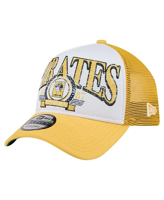 New Era Men's White/Gold Pittsburgh Pirates Distressed 9FORTY A-Frame Adjustable Trucker Hat