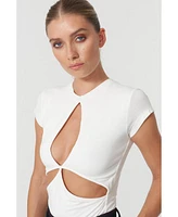Jendue Women's Cutout Detailed White Basic T-Shirt
