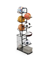 Metal Basketball Holder with 7 Removable Hanging Rods and Side Ball Basket