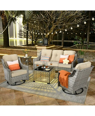Xizzi 5 Piece Outdoor Rattan Patio Furniture Set with 3 Seat Sofa,Swivel Rocking Chairs,Solar Coffee Table,Wicker Sofa for Backyard and Porch