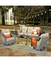 Xizzi 5 Piece Outdoor Rattan Patio Furniture Set with 3 Seat Sofa,Swivel Rocking Chairs,Solar Coffee Table,Wicker Sofa for Backyard and Porch
