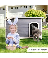 Small Wooden Outdoor Dog House, Waterproof Roof, Elevated Floor, Grey
