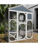 Gray Wooden Catio Outdoor Cat House