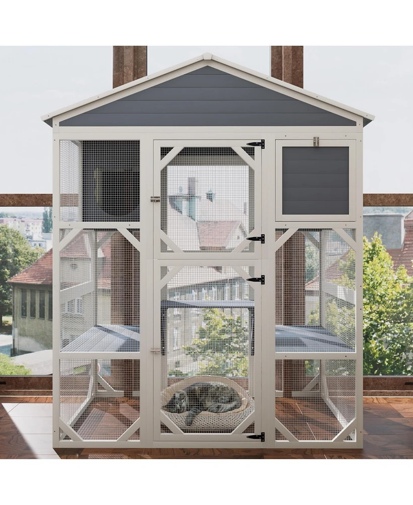 Gray Wooden Catio Outdoor Cat House