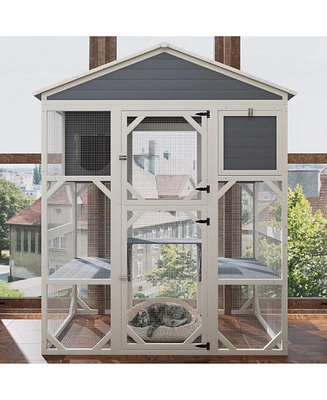 Gray Wooden Catio Outdoor Cat House