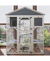 Gray Wooden Catio Outdoor Cat House