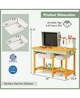 Mecale Kids Wooden Toy Workbench with Storage Space and Blackboard