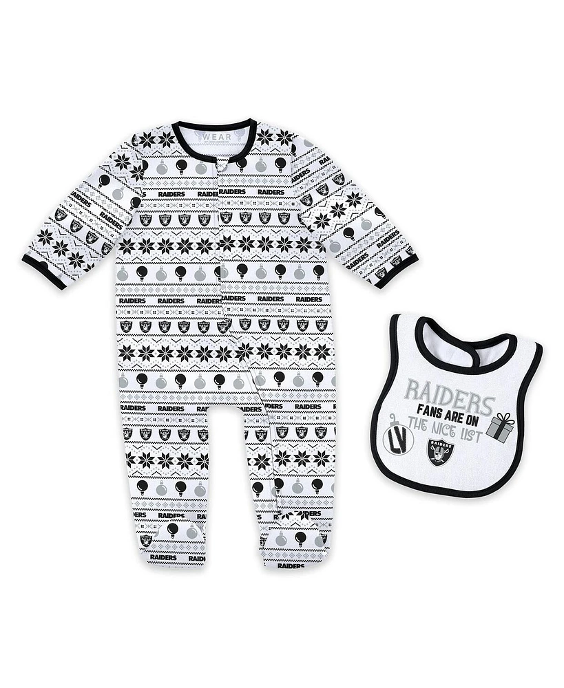 Wear by Erin Andrews Baby Boys and Girls Las Vegas Raiders Allover Print Full-Zip Sleeper with Bib Set
