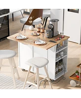 Casainc Kitchen Island with Drop Leaf, Power Outlet, Rubber Wood Top, Wine Rack, Open Storage, Adjustable Shelves, 5 Wheels