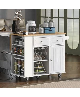 Casainc Kitchen Island With Drop Leaf Power Outlet Rubber Wood Top Wine Rack Open Storage Adjustable Shelves 5 Wheels