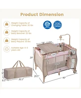 Costway Kids Portable Playard Nursery Center Crib with Hanging Toys & Music Box Unisex 0-3 Years