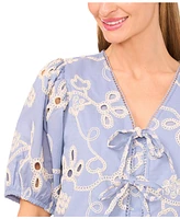 CeCe Women's Short Sleeve Open Tie Front Embroidered Top