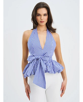 Miss Circle Women's Ilene Blue and White Checkered Bubble Hem Halter Top