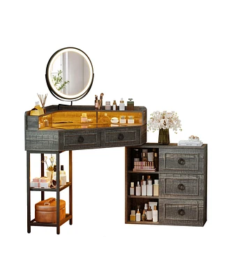 Vlsrka Corner vanity desk with mirror, three-color Led lights, and charging station.