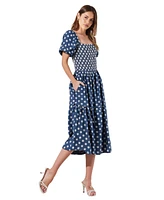 Modenaire Women's Smocked Puff-Sleeve Tiered Midi Dress with Pockets
