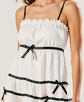 Modenaire Women's Spaghetti Strap Ruffled Trim Bow Accents Mini Dress