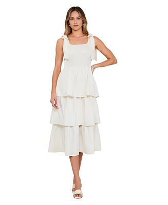 Modenaire Women's Tiered Smocked Bow-Tie Shoulder Midi Dress