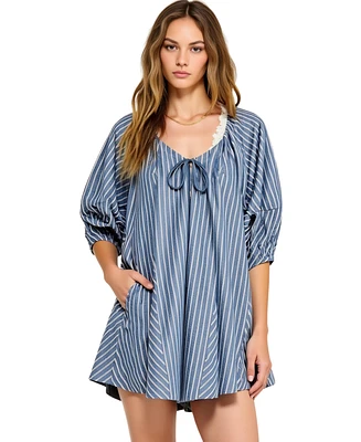 Modenaire Women's Striped V-Neck Front Tie 3/4 Sleeve Romper