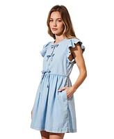 Modenaire Women's Sleeveless Ruffle Bow-Tie Front Drawstring Mini Dress